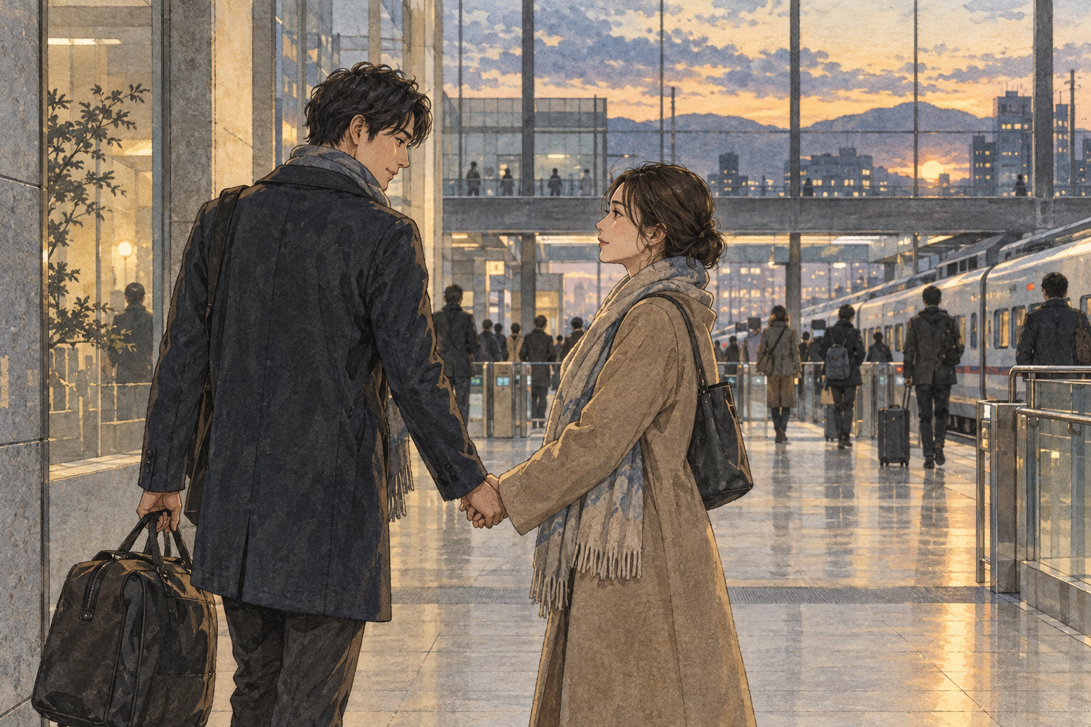 夕方の駅で手をつなぎ、次の再会を待ちながら別れるカップルのイラスト