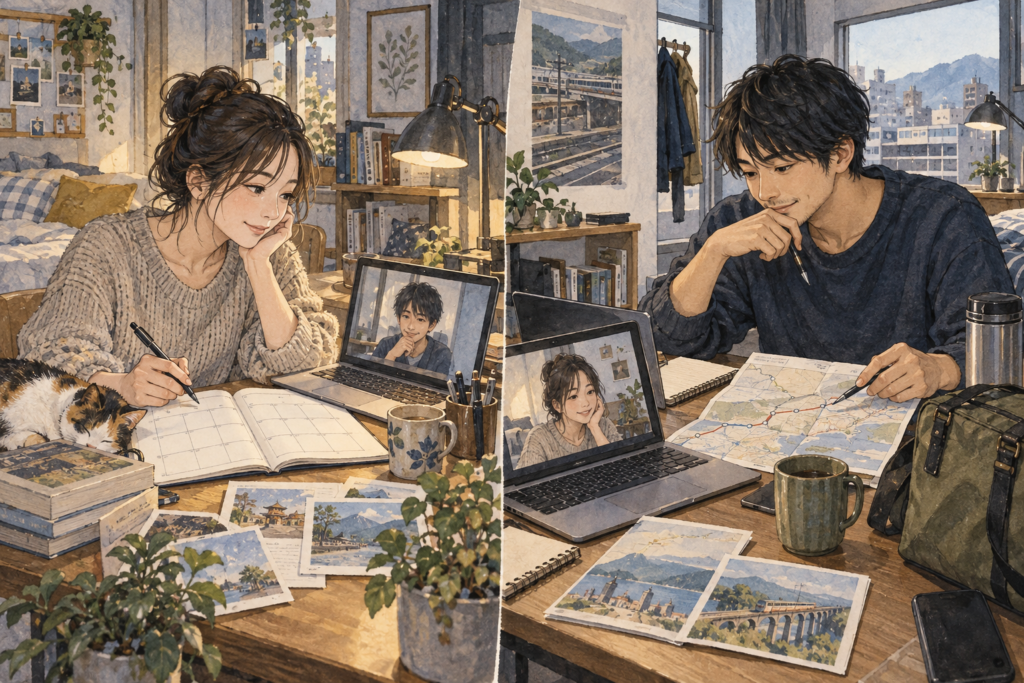 離れた部屋でビデオ通話をしながら、カレンダーと地図を見て次の面会を相談する二人