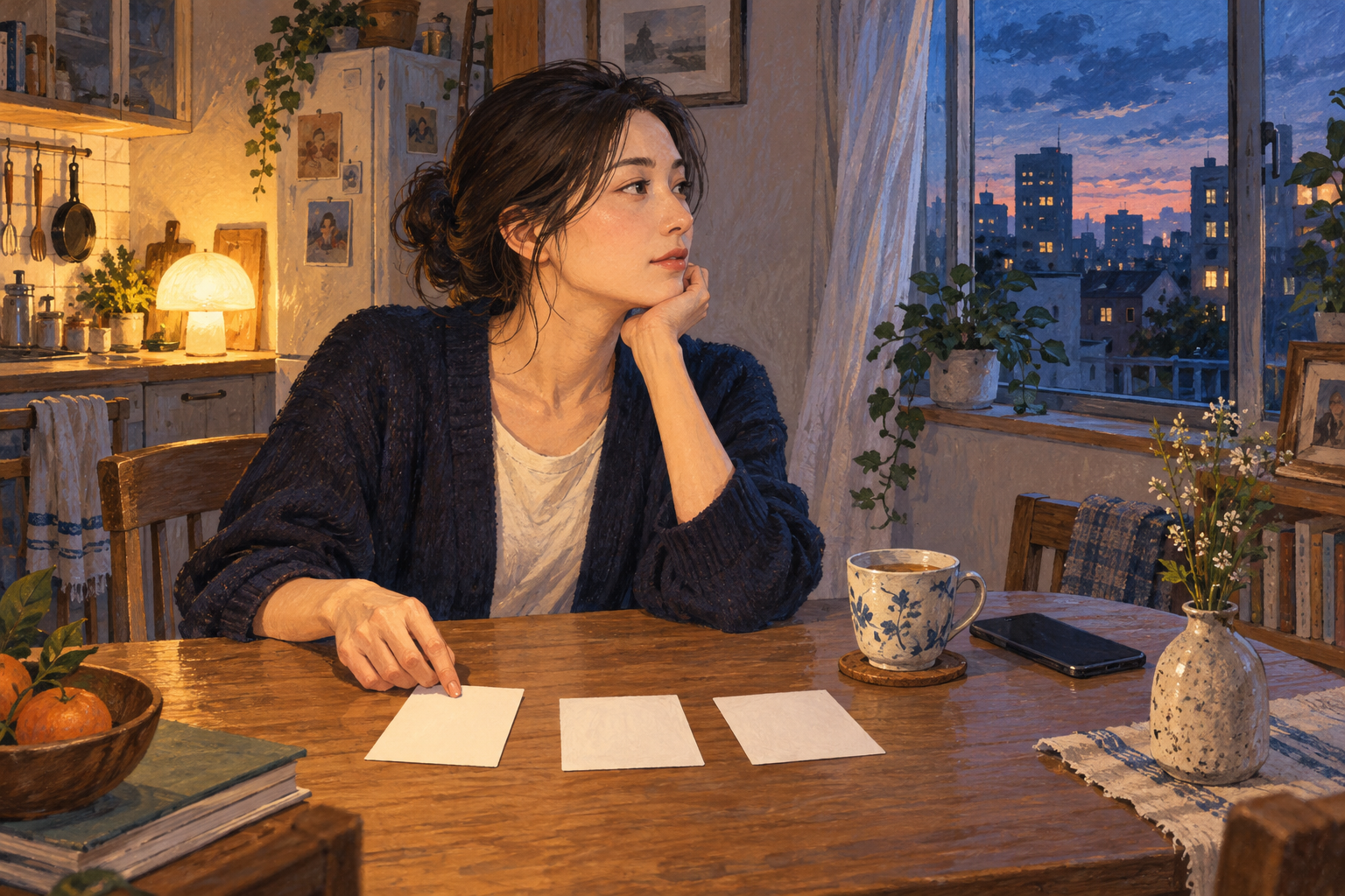 スマートフォンを伏せ、紙に考えを書き出そうとする女性のイラスト