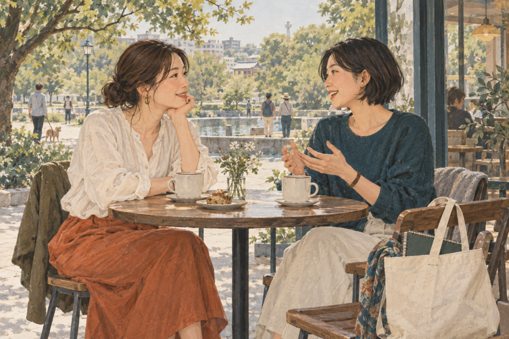公園沿いのカフェで友人と近況を話す二人の女性