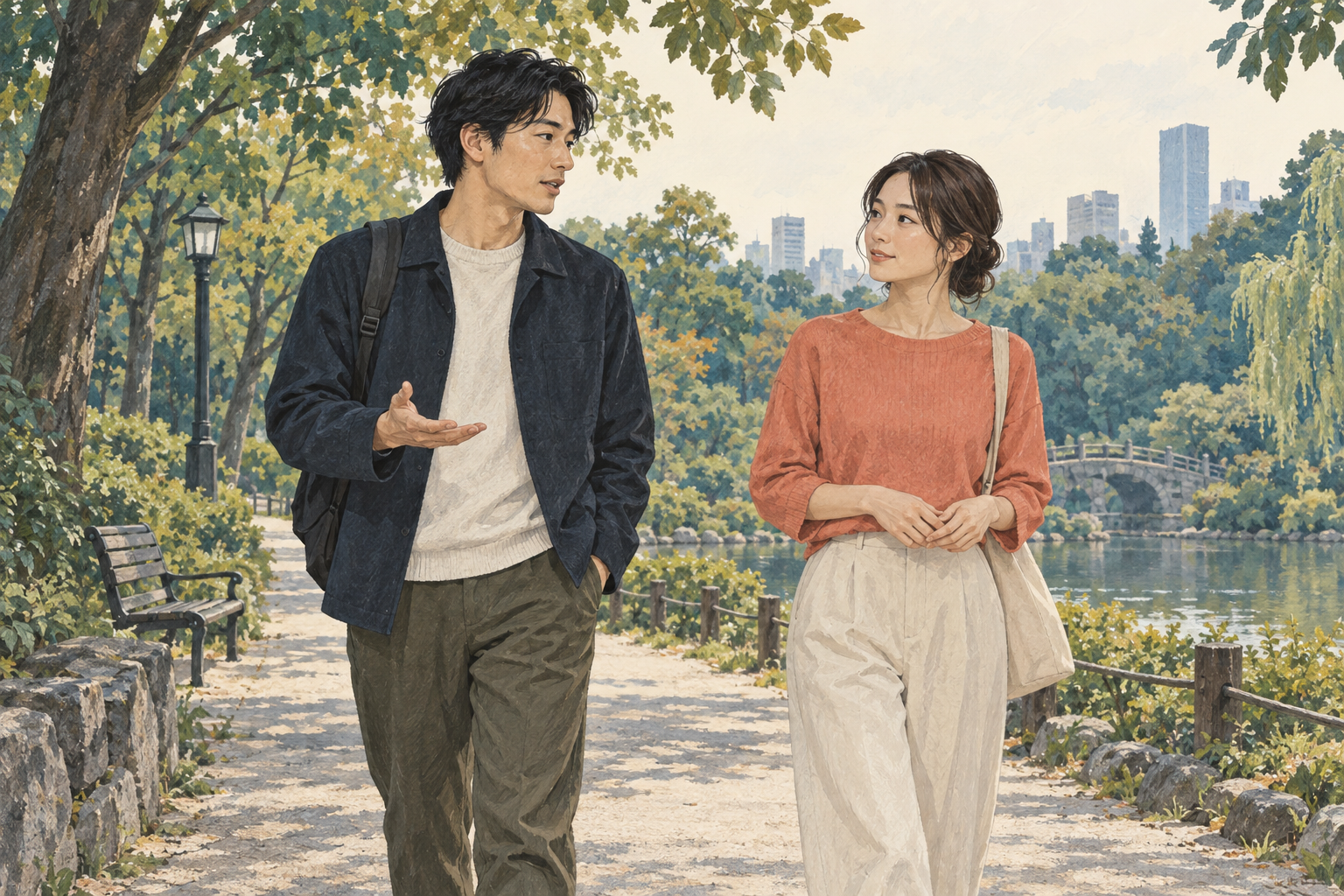 互いの話を聞きながら、公園を歩く二人