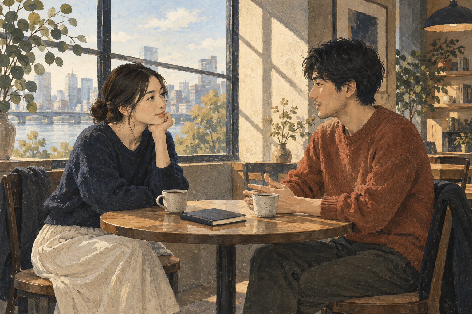窓辺のカフェで、テーブルを挟んで相手の話を聞く二人のイラスト